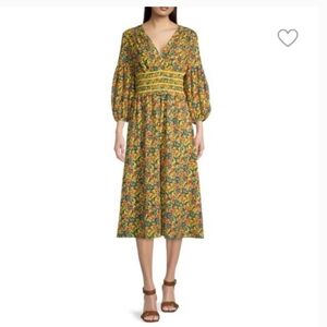 Shoshanna Floral V-Neck Midi Dress with Smocked Waist. Size 10